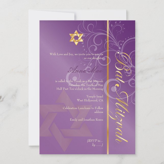 Swirls Bat Mitzvah/plum/gold Invitation (Front)