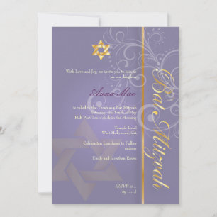 Swirls Bat Mitzvah/purple/gold Invitation