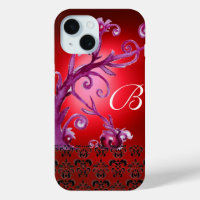 SWIRLS, BERRIES DAMASK MONOGRAM pink black red