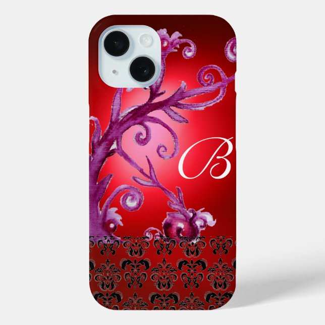 SWIRLS, BERRIES DAMASK MONOGRAM pink black red Case-Mate iPhone Case (Back)