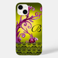SWIRLS, BERRIES DAMASK MONOGRAM pink black yellow