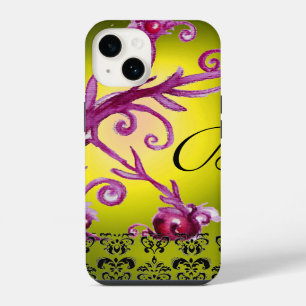 SWIRLS, BERRIES DAMASK MONOGRAM pink black yellow iPhone 14 Case