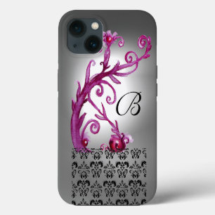 SWIRLS, BERRIES DAMASK MONOGRAM pink ,white black iPhone 13 Case