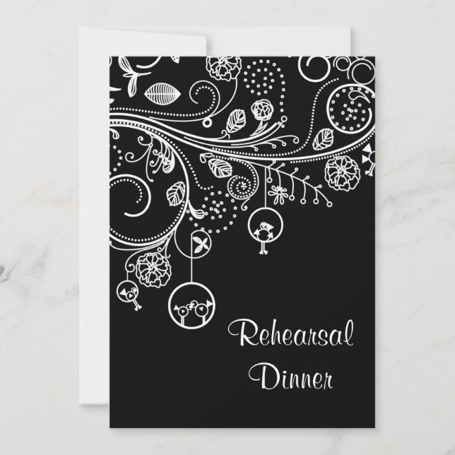Swirls, birds black white wedding Rehearsal Dinner Invitation (Front)