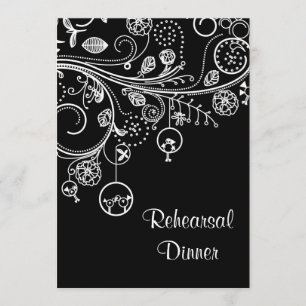 Swirls, birds black white wedding Rehearsal Dinner Invitation