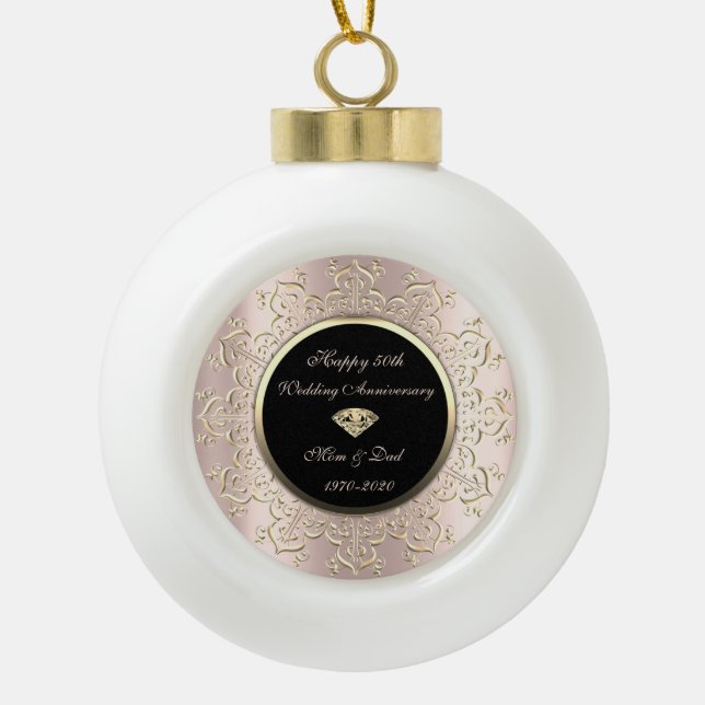 Swirls Diamond Rose Gold 50th Wedding Anniversary Ceramic Ball Christmas Ornament (Front)