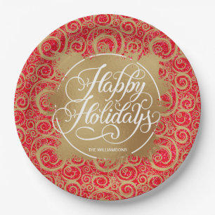 Swirls Faux Foil Holiday Christmas Red Glitter Paper Plate