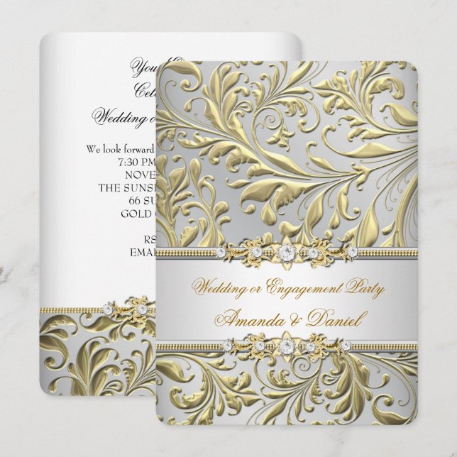 Swirls Floral Gold Silver Wedding or Engagement Invitation (Front/Back)