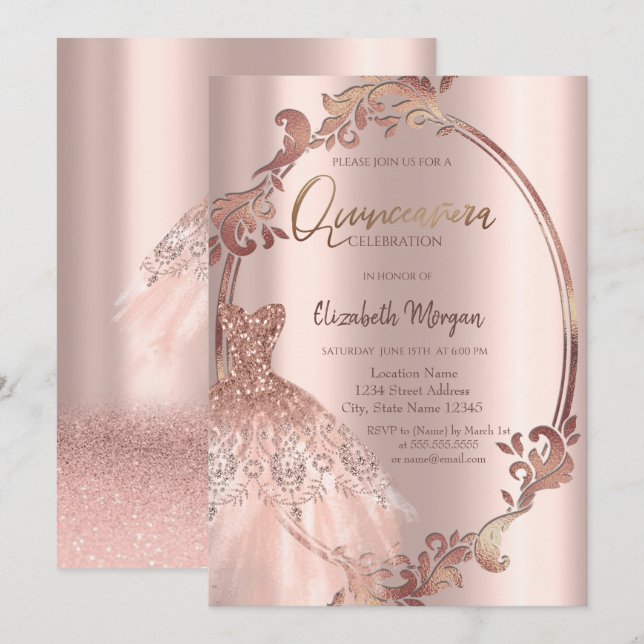 Swirls Frame Rose Gold Glitter Dress Quinceañera Invitation (Front/Back)