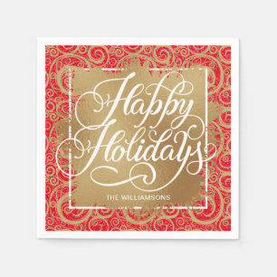 Swirls Gold Faux Foil Happy Holidays on Red Napkin