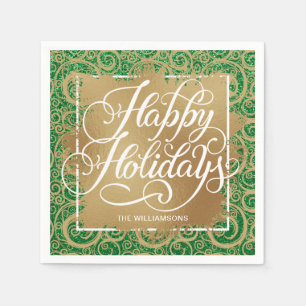Swirls Gold Faux Foil Holidays on Green Glitter Napkin