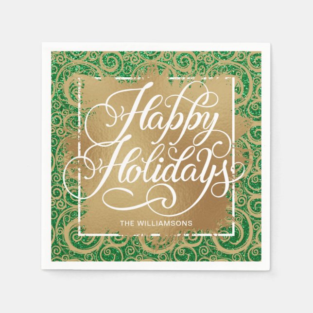 Swirls Gold Faux Foil Holidays on Green Glitter Napkin (Front)