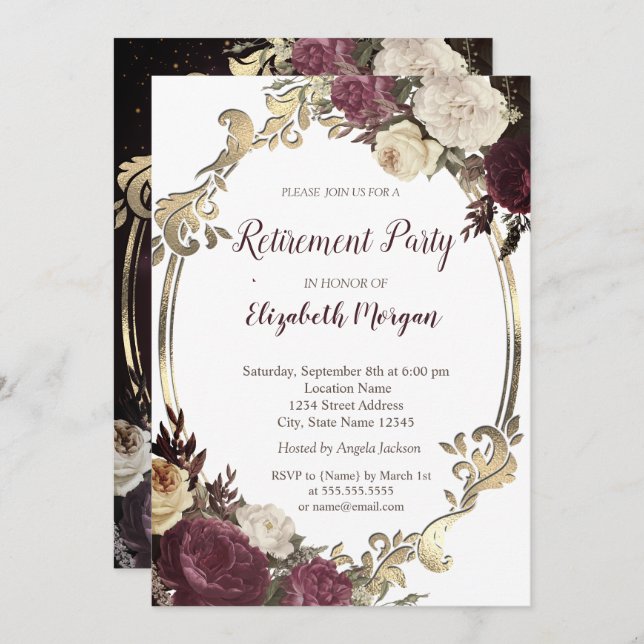 Swirls Gold Frame,Burgundy Flowers Retirement  Invitation (Front/Back)