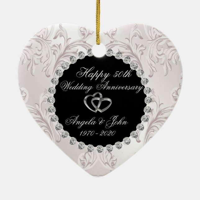 Swirls Hearts Rings 50th Wedding Anniversary Ceramic Tree Decoration (Back)