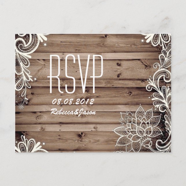 swirls lace barn wood country wedding RSVP Invitation Postcard (Front)