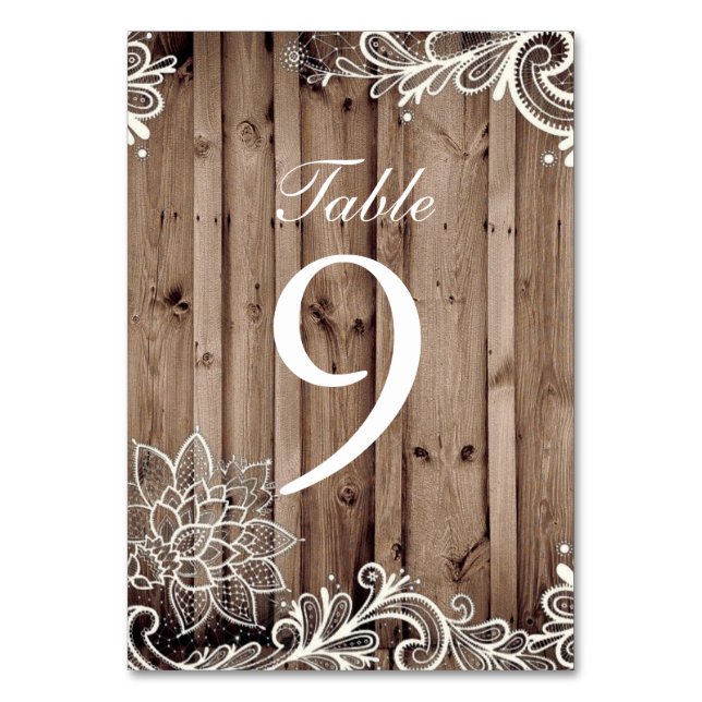 swirls lace barn wood country wedding table number (Back)