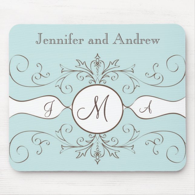 Swirls Monogram Bride Groom Names Wedding Gift Mouse Mat (Front)