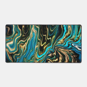 Swirls of Paint Black Gold Turquoise blue Desk Mat