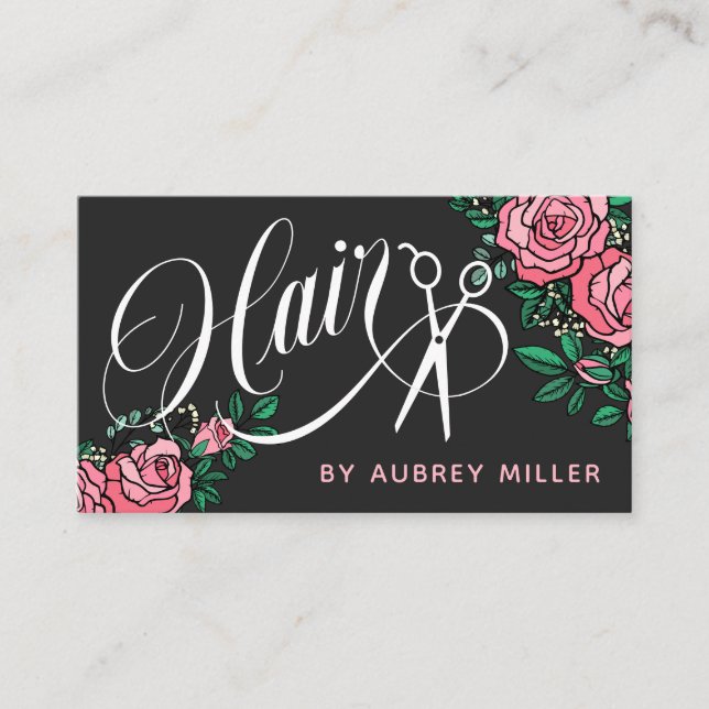 Swirls & Pink Roses Pretty Hair Stylist Business Card (Front)