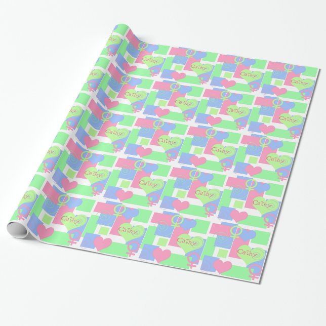 Swirls, Squares and Hearts+Name/Female Sign/Gay Wrapping Paper (Unrolled)