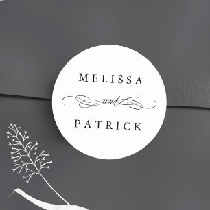 Swirly And Script Wedding Black & White Classic Round Sticker