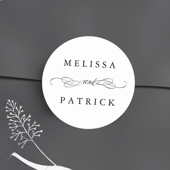 Swirly And Script Wedding Black & White Classic Round Sticker (Creator Uploaded)