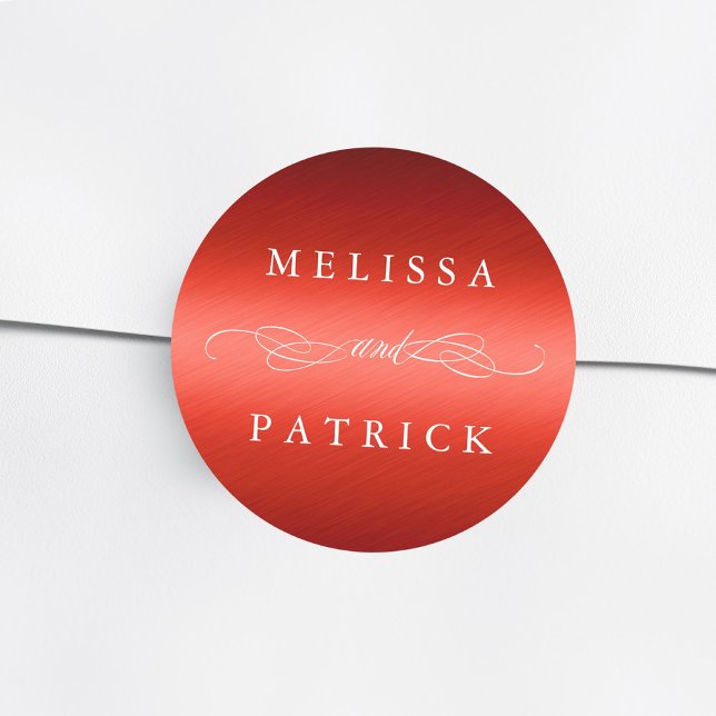 Swirly And Script Wedding Faux Red Foil Classic Round Sticker (Creator Uploaded)