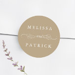 Swirly And Script Wedding Tan Classic Round Sticker<br><div class="desc">For more advanced customisation of this design,  please click the BLUE DESIGN TOOL BUTTON above!</div>