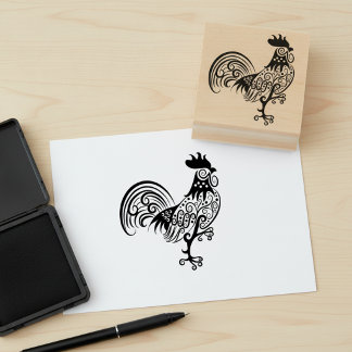 Swirly Artistic Rooster Rubber Stamp