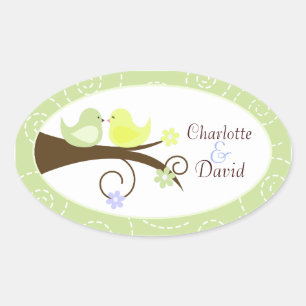Swirly Bird (Green) Wedding Oval Favour Sticker