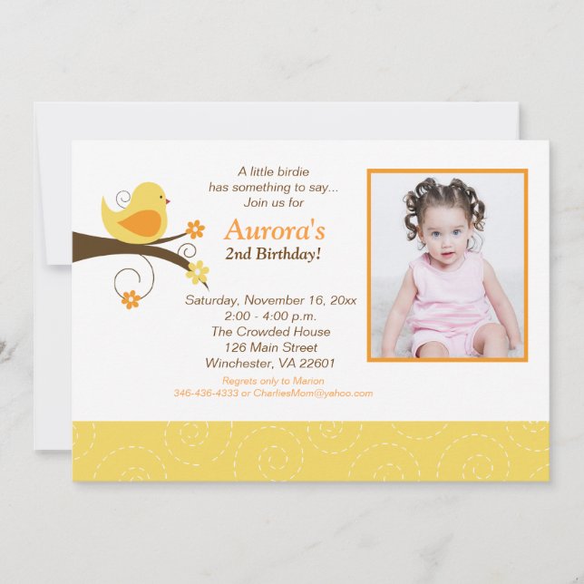 Swirly Birds Trendy Yellow Photo Birthday Invite (Front)