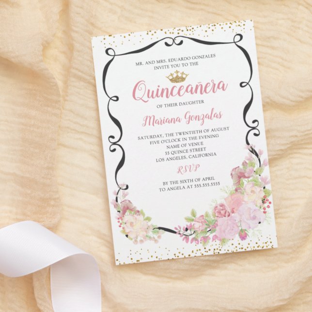 Swirly Black Frame Pink Floral Quinceanera Invitation (Creator Uploaded)