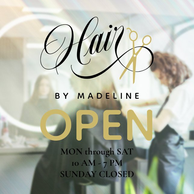 Swirly Black Hair & Scissors Hair Salon Open Hours Window Cling (Creator Uploaded)