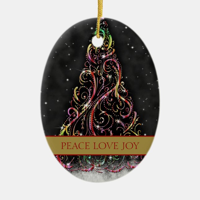 Swirly Christmas Tree Oval Xmas Ornament (Front)