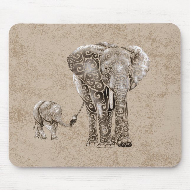 Swirly Elephant Family Mouse Mat (Front)