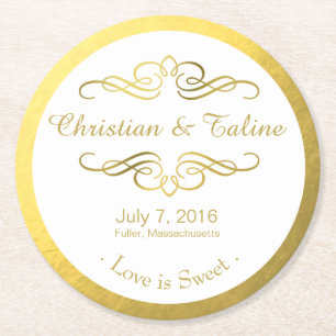 Swirly Flourish Faux Gold Foil on White Round Paper Coaster