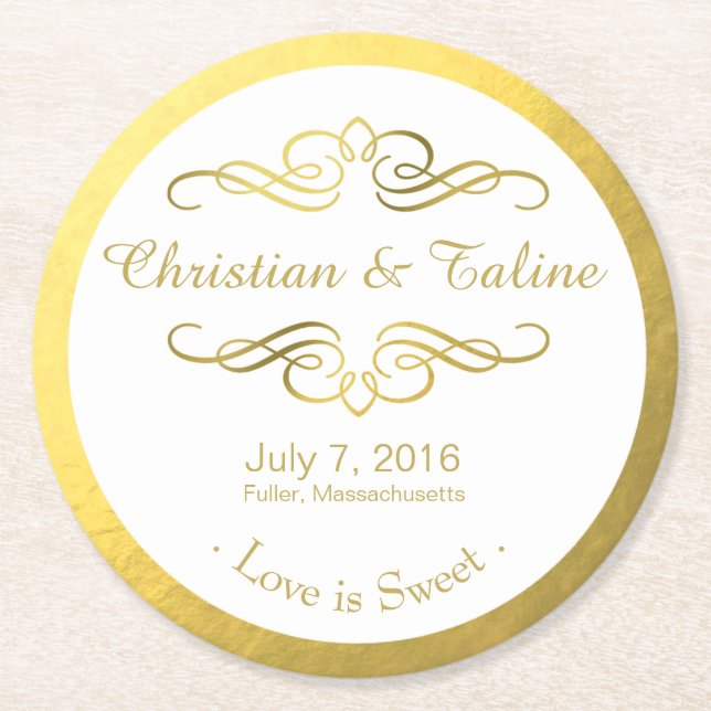 Swirly Flourish Faux Gold Foil on White Round Paper Coaster (Front)