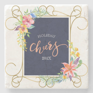 Swirly Gold Frame & Tropical Flowers Wreath Stone Coaster
