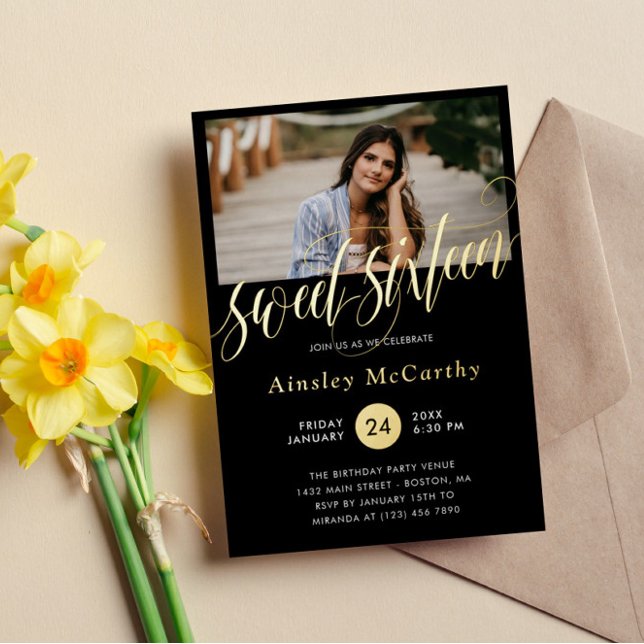 Swirly Golden Script Sweet Sixteen Photo (Creator Uploaded)
