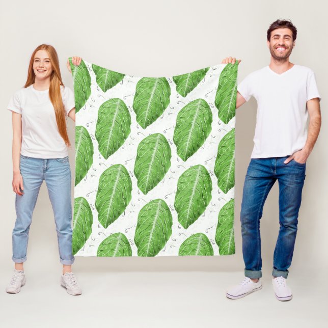 Swirly Green Leaf Whimsical Botanical Pattern Fleece Blanket (In Situ)
