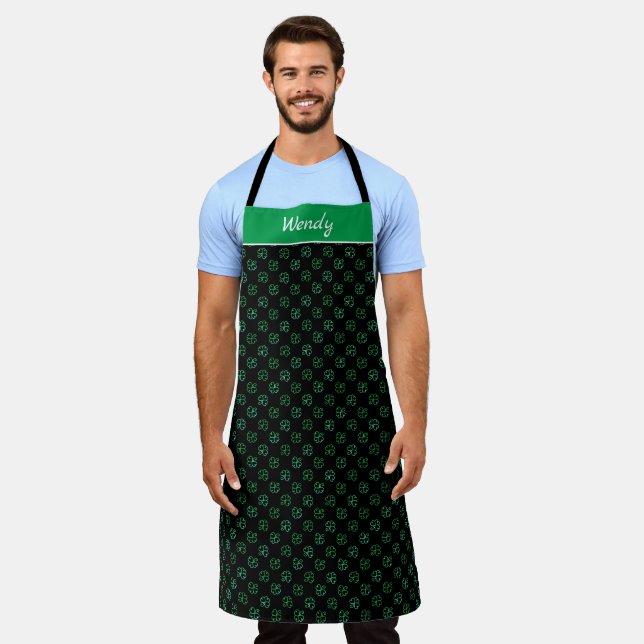 Swirly Green Shade Shamrock Polka Pattern on Black Apron (Worn)