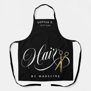 Swirly Hair & Gold Scissors Salon Employee Name Apron
