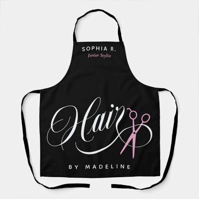 Swirly Hair & Pink Scissors Salon Employee Name Apron (Front)