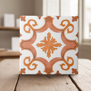 Swirly handpainted orange mediterranean style tile