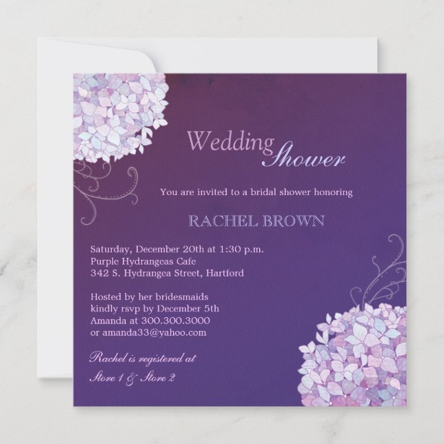Swirly Hydrangeas Deep Purple Bridal Shower Invitation (Front)