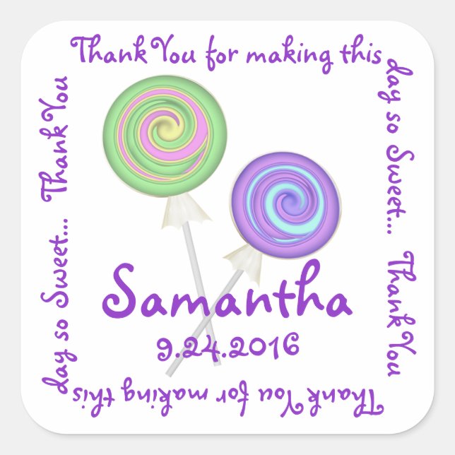 Swirly Lollipops Candy Thank You Square Sticker (Front)