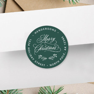 Swirly Merry Christmas Script Return Address Green Classic Round Sticker