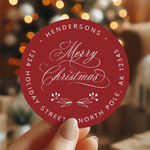 Swirly Merry Christmas Script Return Address Red Classic Round Sticker