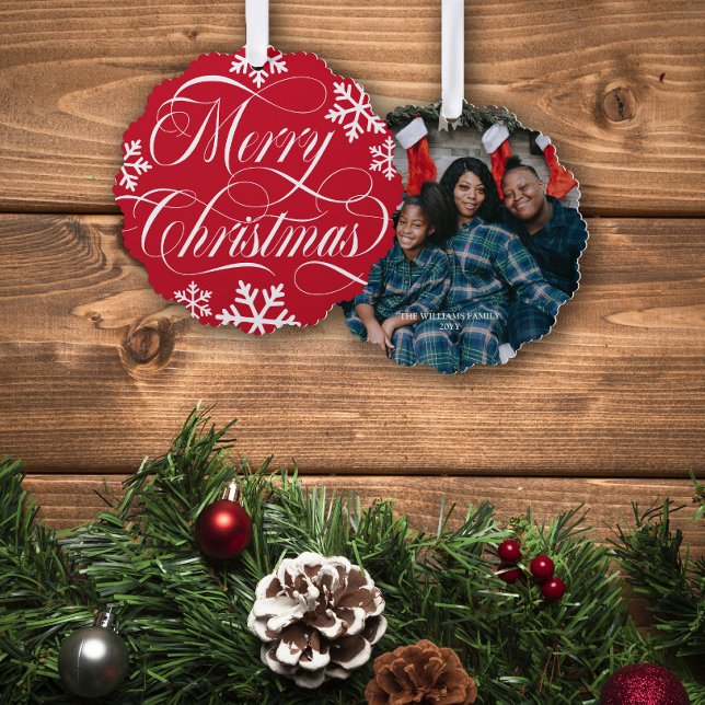 Swirly Merry Christmas Snowflakes with Photo Tree Decoration Card (Creator Uploaded)