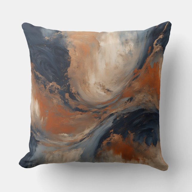 Swirly Navy Blue Orange Light Blue Marble Cushion (Front)
